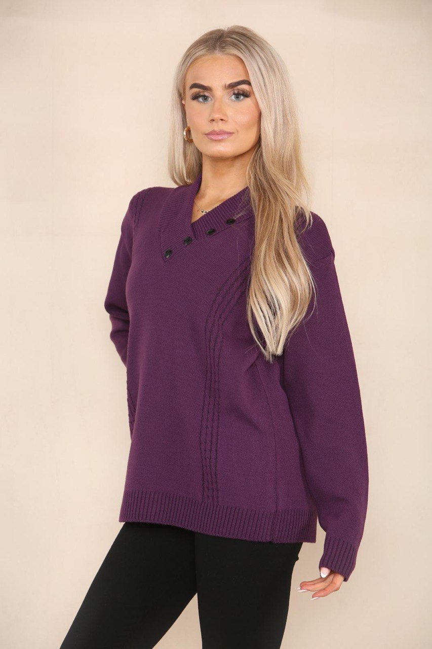 V Neck Cable Knitted Jumper Jumper WearAll Purple 8