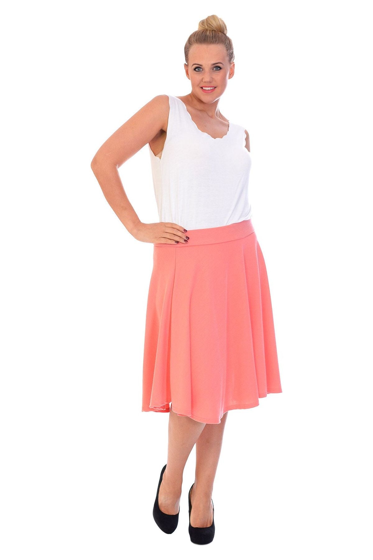 Flared Elastic Waist Skater Skirt Skirt WearAll