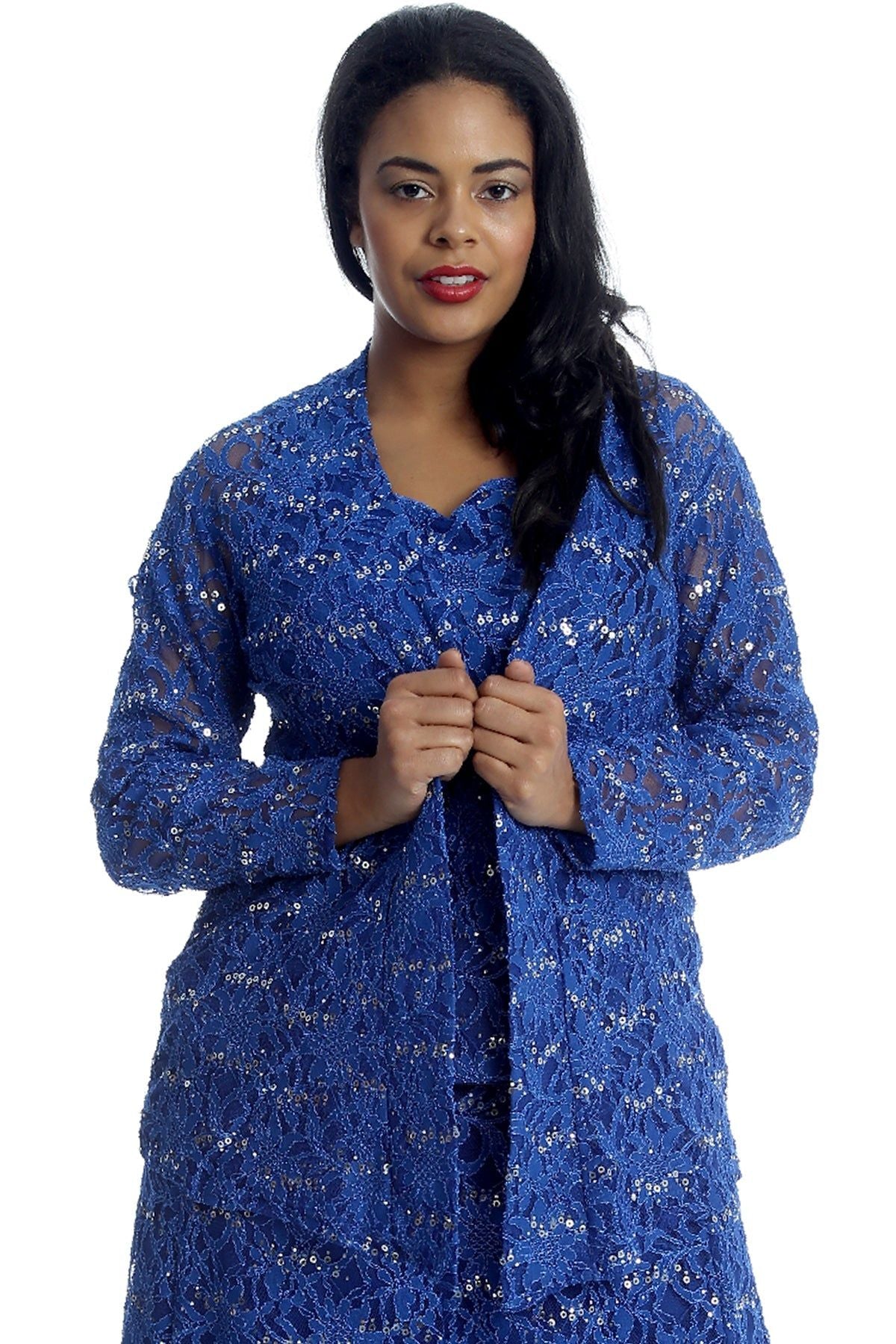 2 in 1 Sequin Floral Lace Cami & Cardigan cardigan WearAll Royal Blue 14