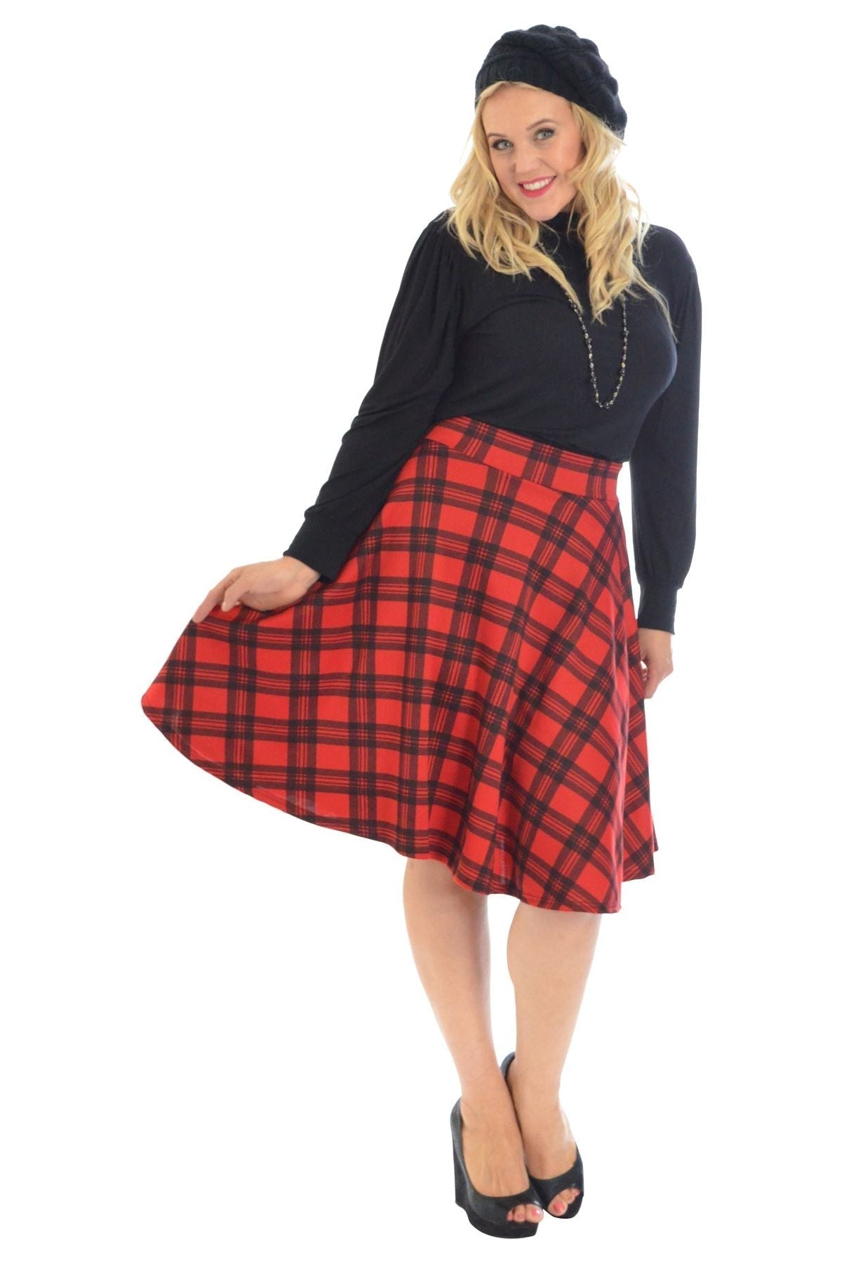 Tartan Flared Elastic Waist Skater Skirt Skirt WearAll Red 14