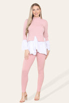 Ribbed Lounge Wear Flared Shirt and Leggings Co-Ord Set Loungewear WearAll Dusty Pink 6-8