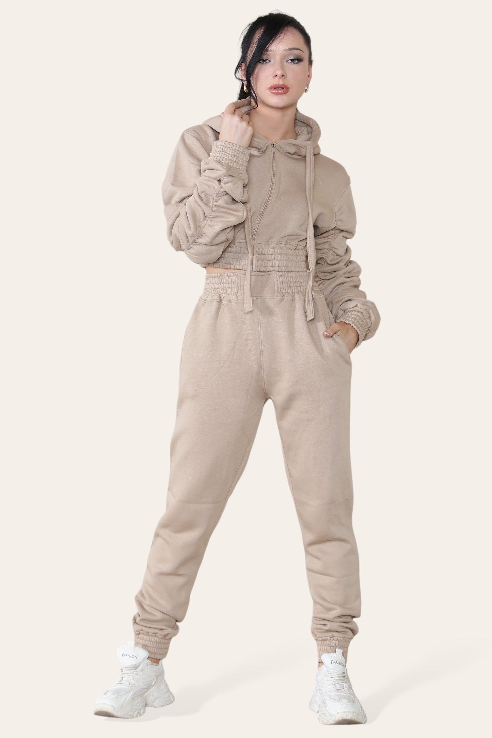 Ruched Sleeves Cropped Hoodie and Jogger Loungewear Set Loungewear WearAll