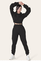 Ruched Sleeves Cropped Hoodie and Jogger Loungewear Set Loungewear WearAll Black 6