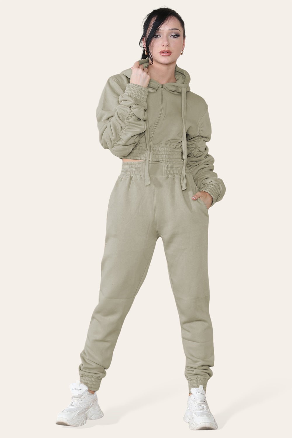 Ruched Sleeves Cropped Hoodie and Jogger Loungewear Set Loungewear WearAll Sage Green 6