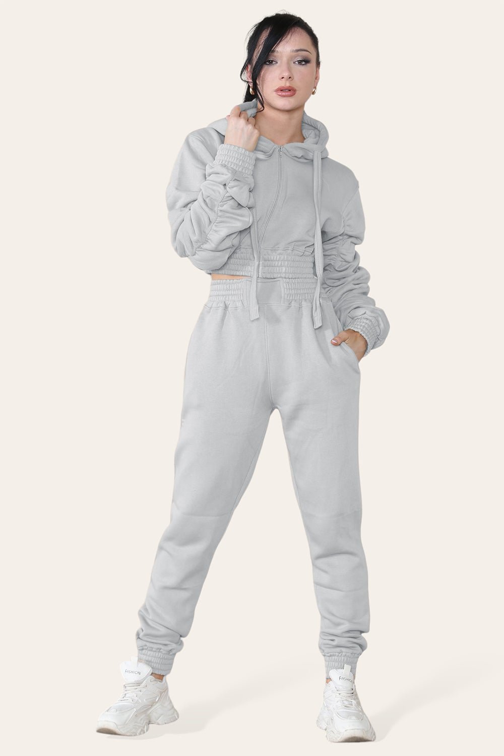 Ruched Sleeves Cropped Hoodie and Jogger Loungewear Set Loungewear WearAll Grey 6