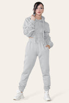 Ruched Sleeves Cropped Hoodie and Jogger Loungewear Set Loungewear WearAll Grey 6