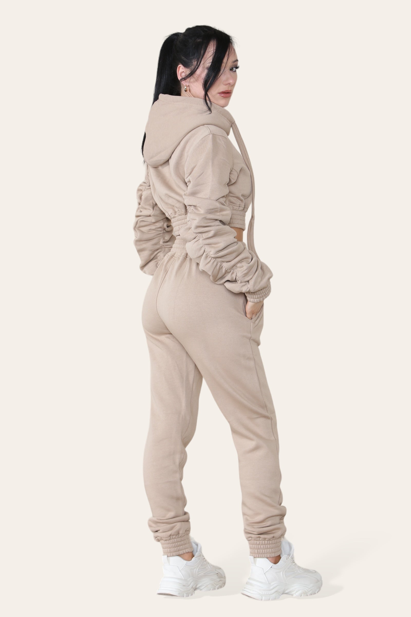 Ruched Sleeves Cropped Hoodie and Jogger Loungewear Set Loungewear WearAll