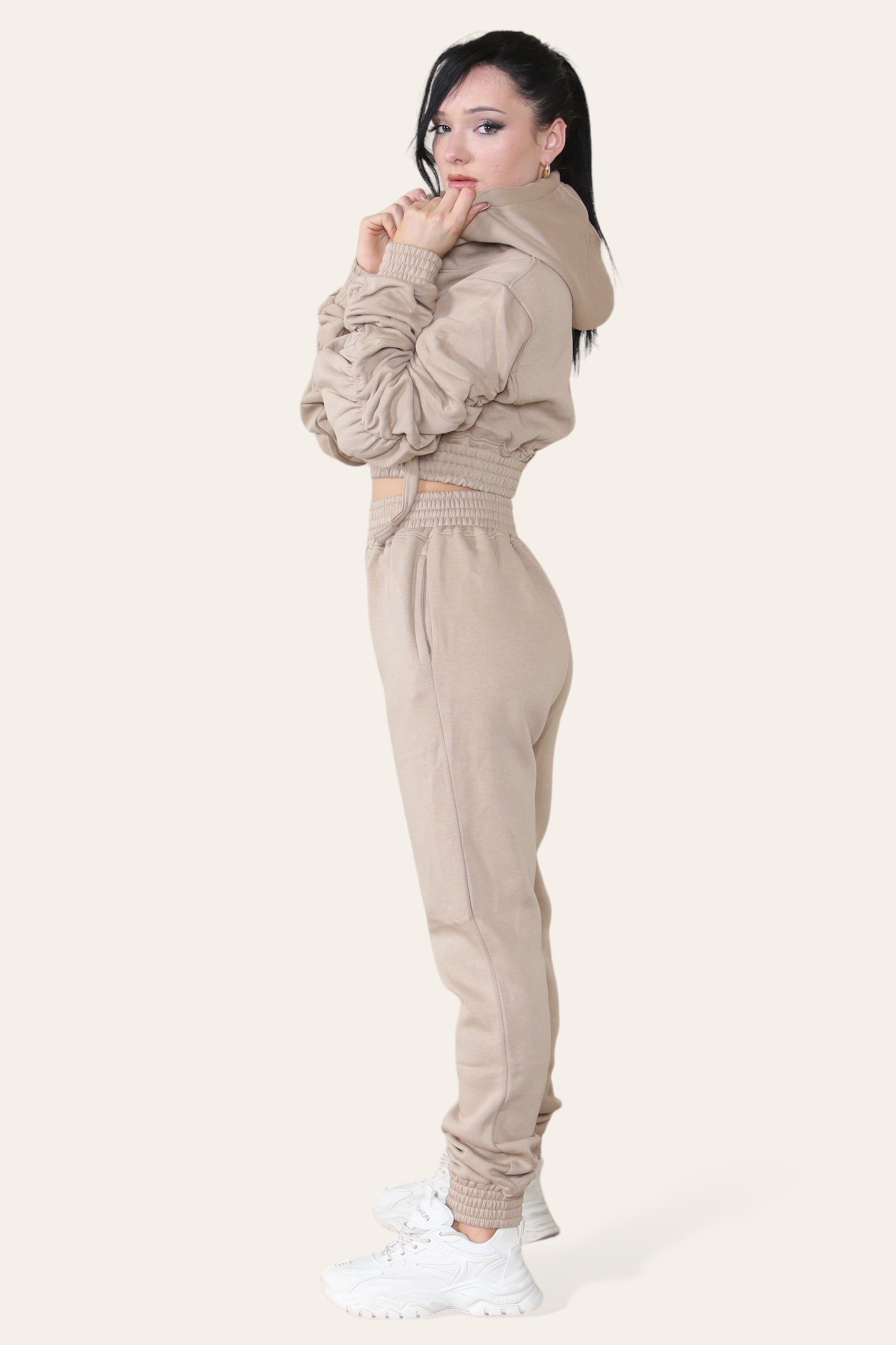 Ruched Sleeves Cropped Hoodie and Jogger Loungewear Set Loungewear WearAll Beige 6