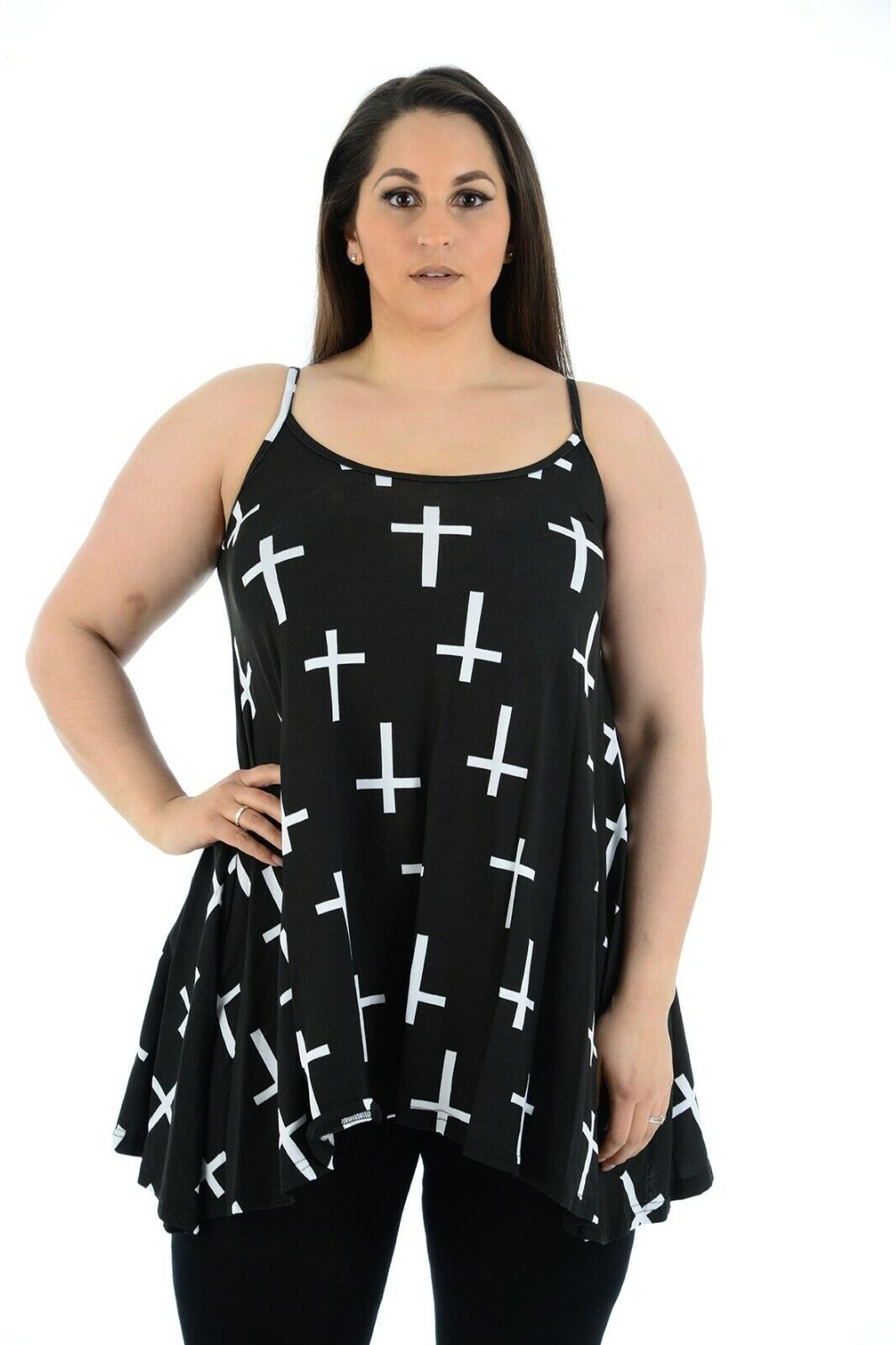 Plus Size Black White Cross Print Strappy Dress Vest Top Dress WearAll