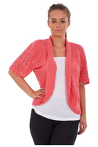 Plus Size Knitted Crochet Short Sleeve Shrug Tops WearAll Coral 16-18