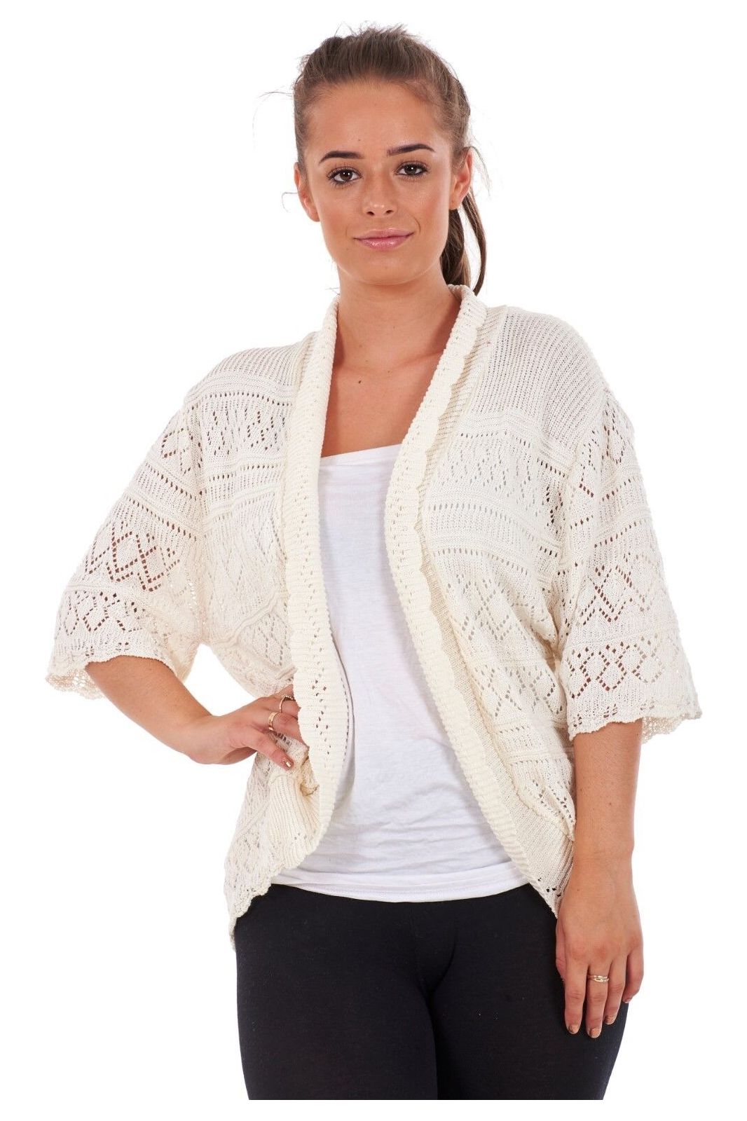 Plus Size Knitted Crochet Short Sleeve Shrug Tops WearAll Cream 16-18