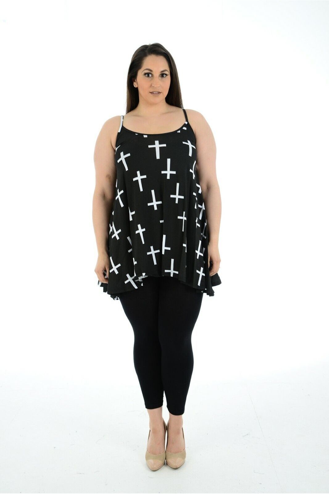 Plus Size Black White Cross Print Strappy Dress Vest Top Dress WearAll Black White Cross 16-18