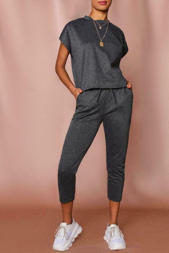 Boxy Short Sleeved Round Neck Two Piece Loungewear Tracksuit Loungewear WearAll Charcoal 8-10