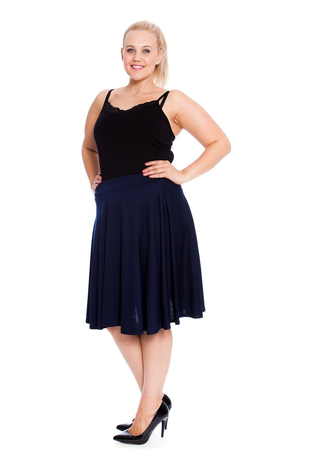 Flared Elastic Waist Skater Skirt Skirt WearAll