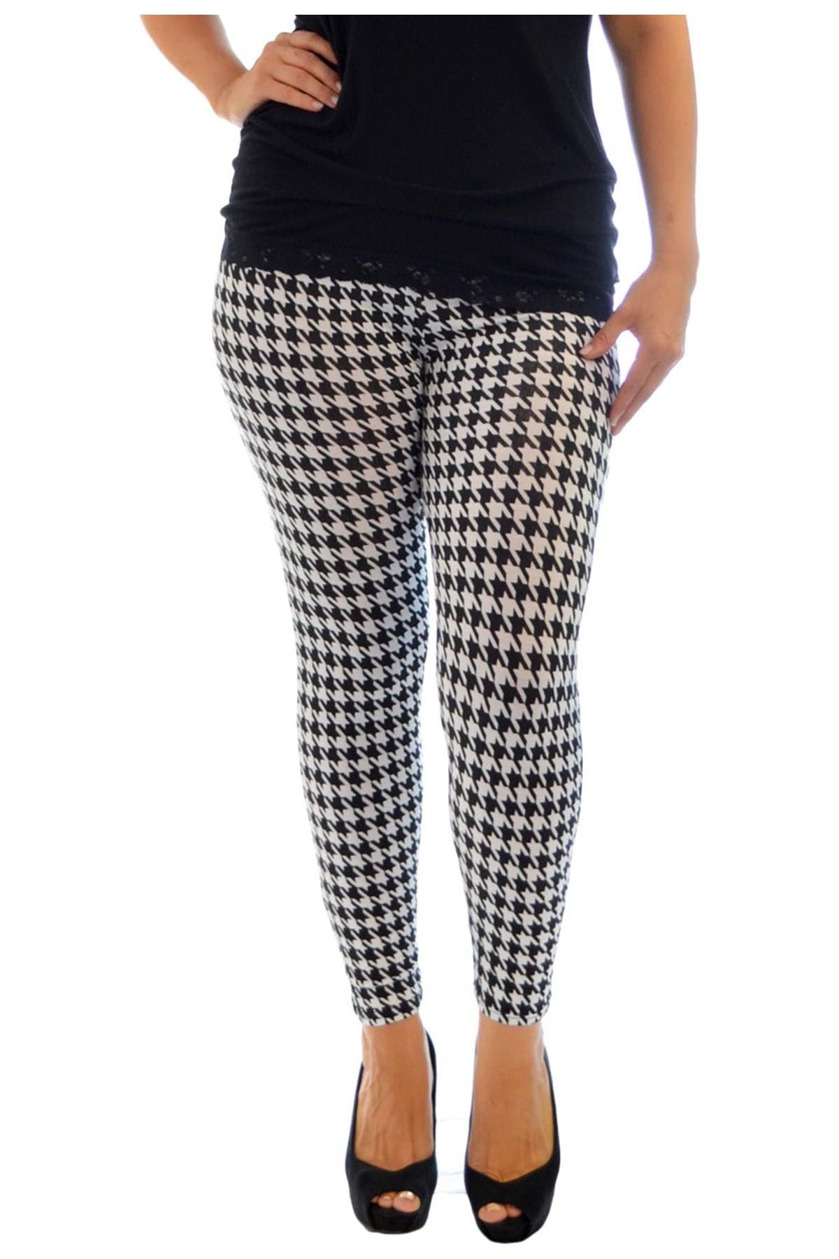 Womens Dogtooth Long Leggings Leggings WearAll 8-10 Black White