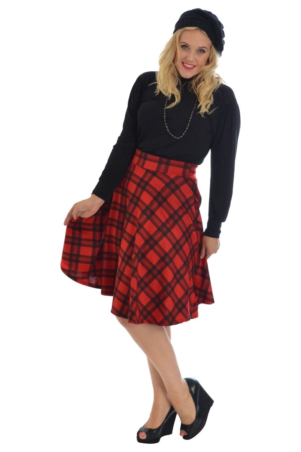 Tartan Flared Elastic Waist Skater Skirt Skirt WearAll