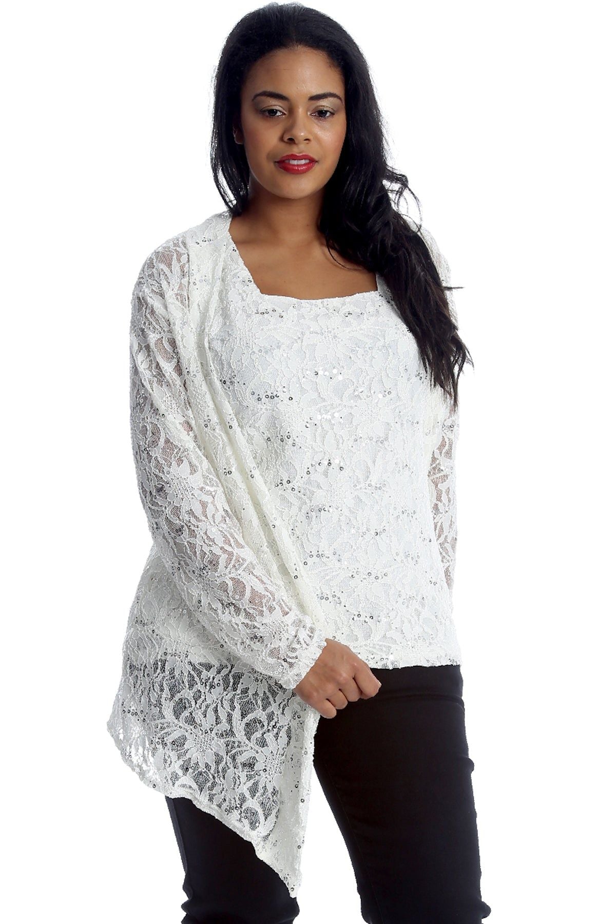 2 in 1 Sequin Floral Lace Cami & Cardigan cardigan WearAll White 14