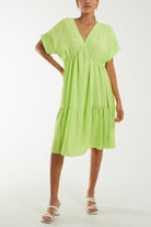 V-Neck Short Sleeve Tiered Midi Dress Dresses WearAll Lime One Size