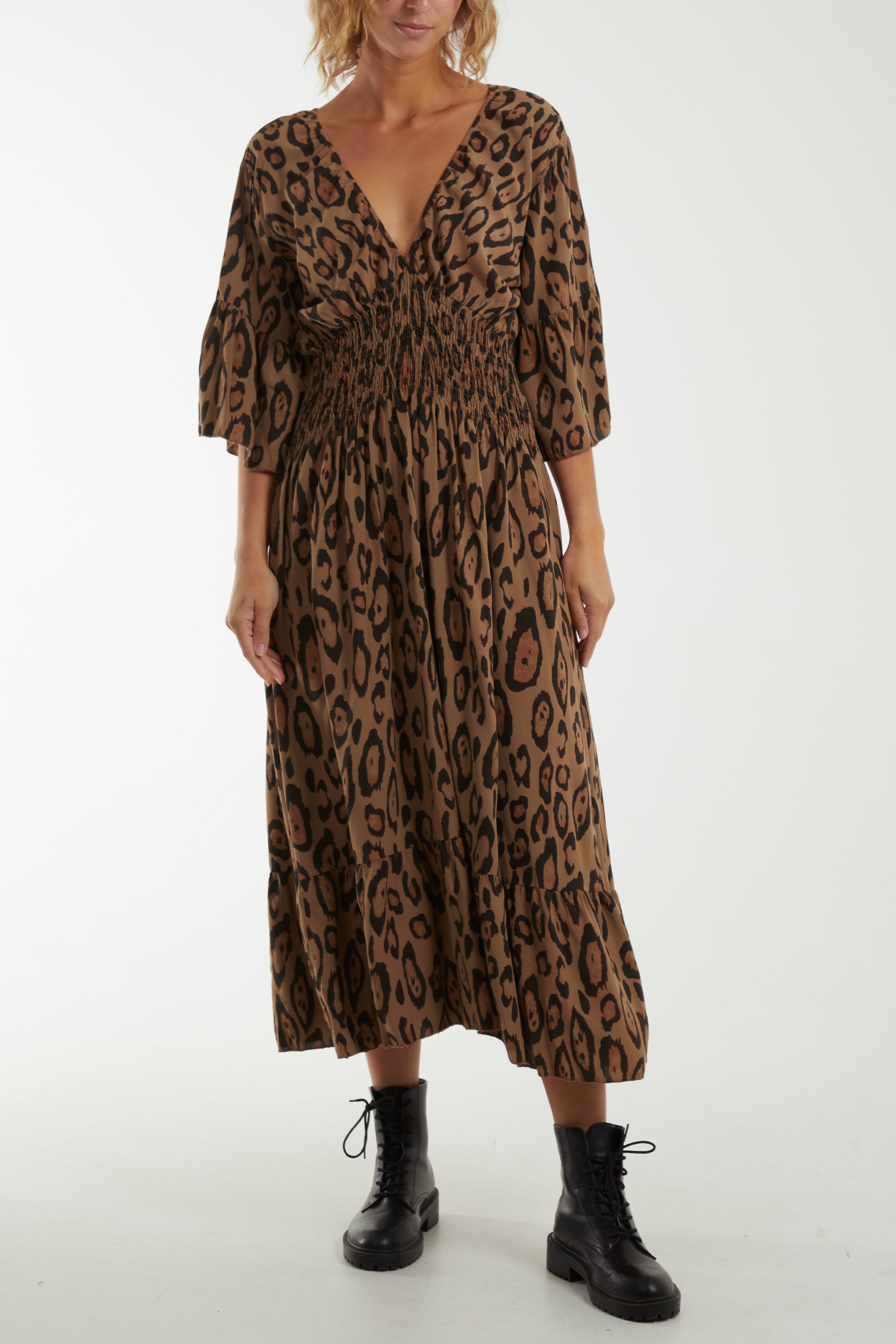 Leopard Shirred Bodice Maxi Dress Dresses WearAll Camel One Size