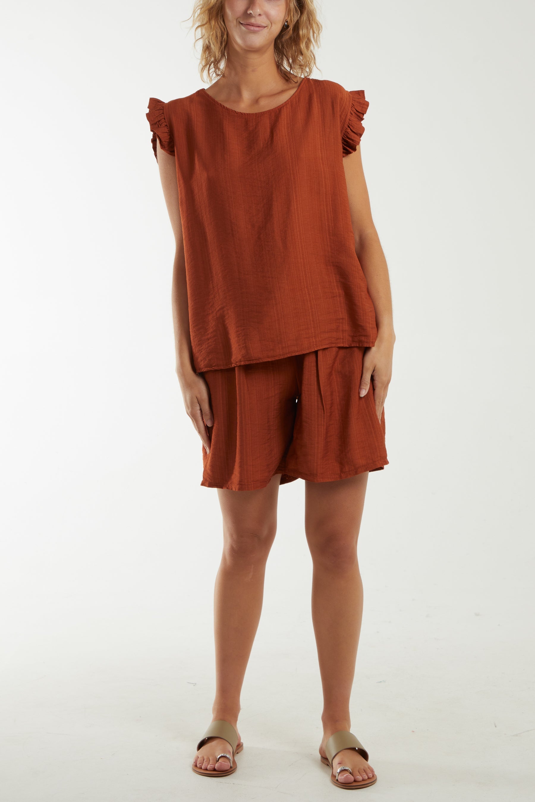 Co-Ord Frill Sleeve Top & Shorts Co-Ords WearAll Rust One Size