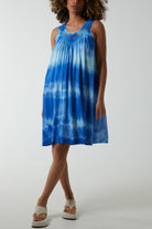 Tie Dye Dress With Crochet Neck Line DMF2 WearAll Royal Blue One Size