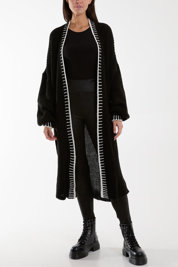 BLANKET STITCH HEM LONGLINE CARDIGAN One Size (8-18) Knitted Cardigan WearAll Black One Size