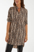 Notch Collar Snake Print Shirt Dresses WearAll Animal One Size