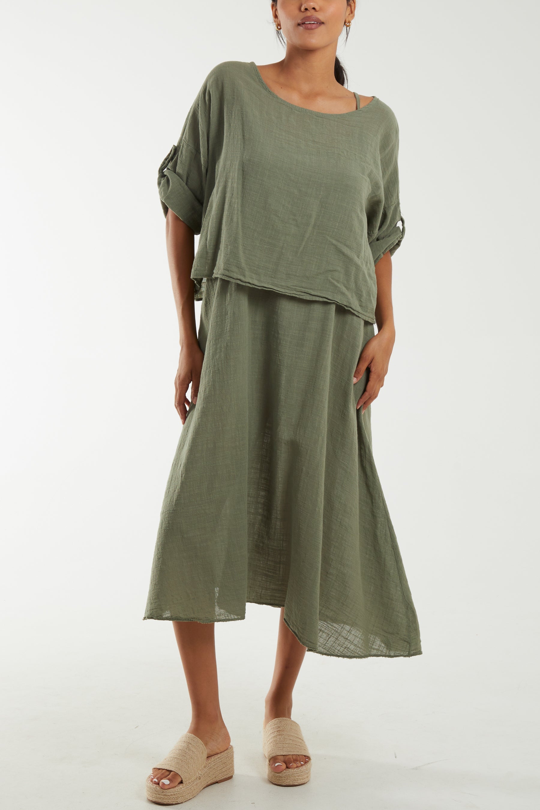 Cami Dress with Crop T Shirt Overlay Co-Ords WearAll Khaki One Size