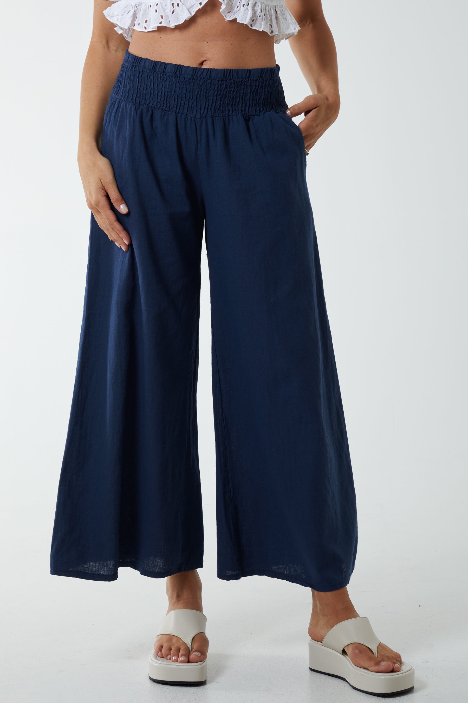 Linen Shirred Wide Leg Culottes Culottes WearAll Navy One Size