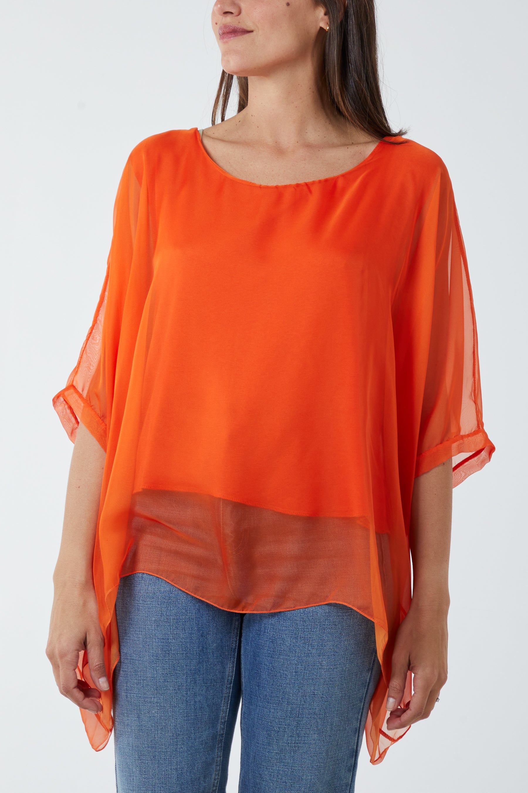 Lightweight Round Neck Sheer Blouse TOPMF2 WearAll Orange One Size