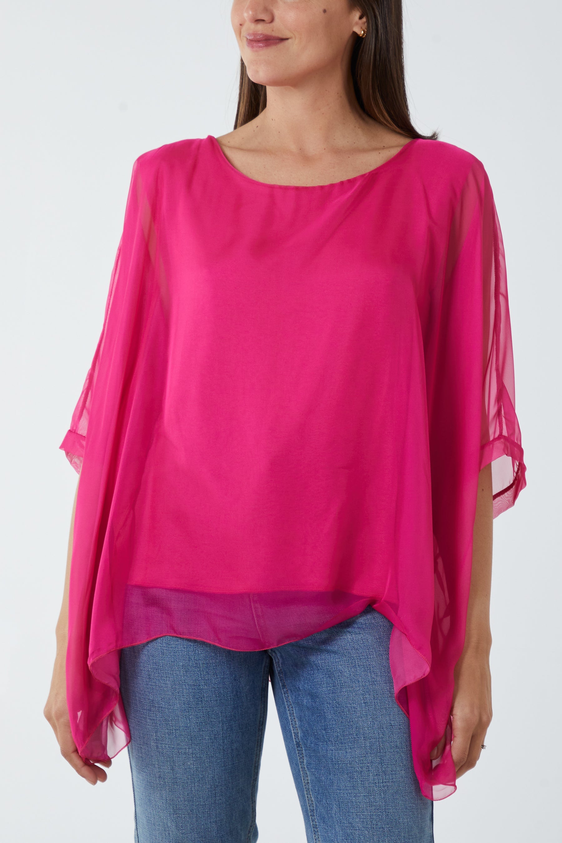 Lightweight Round Neck Sheer Blouse TOPMF2 WearAll Fuchsia One Size