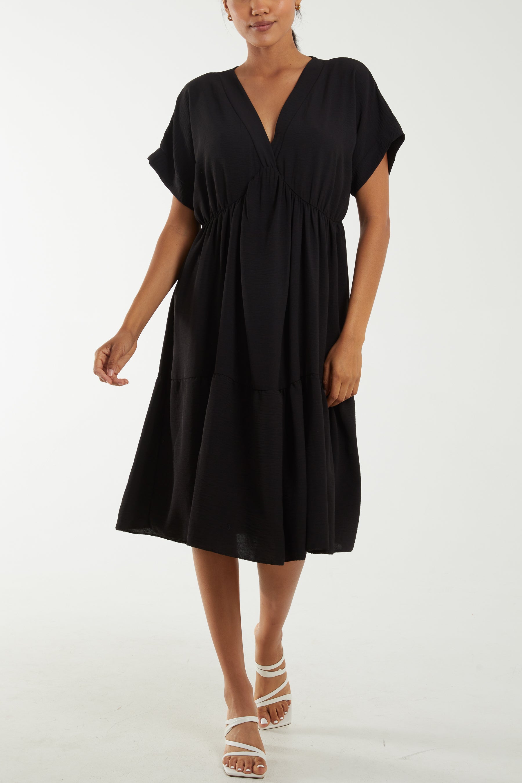 V-Neck Short Sleeve Tiered Midi Dress Dresses WearAll Black One Size