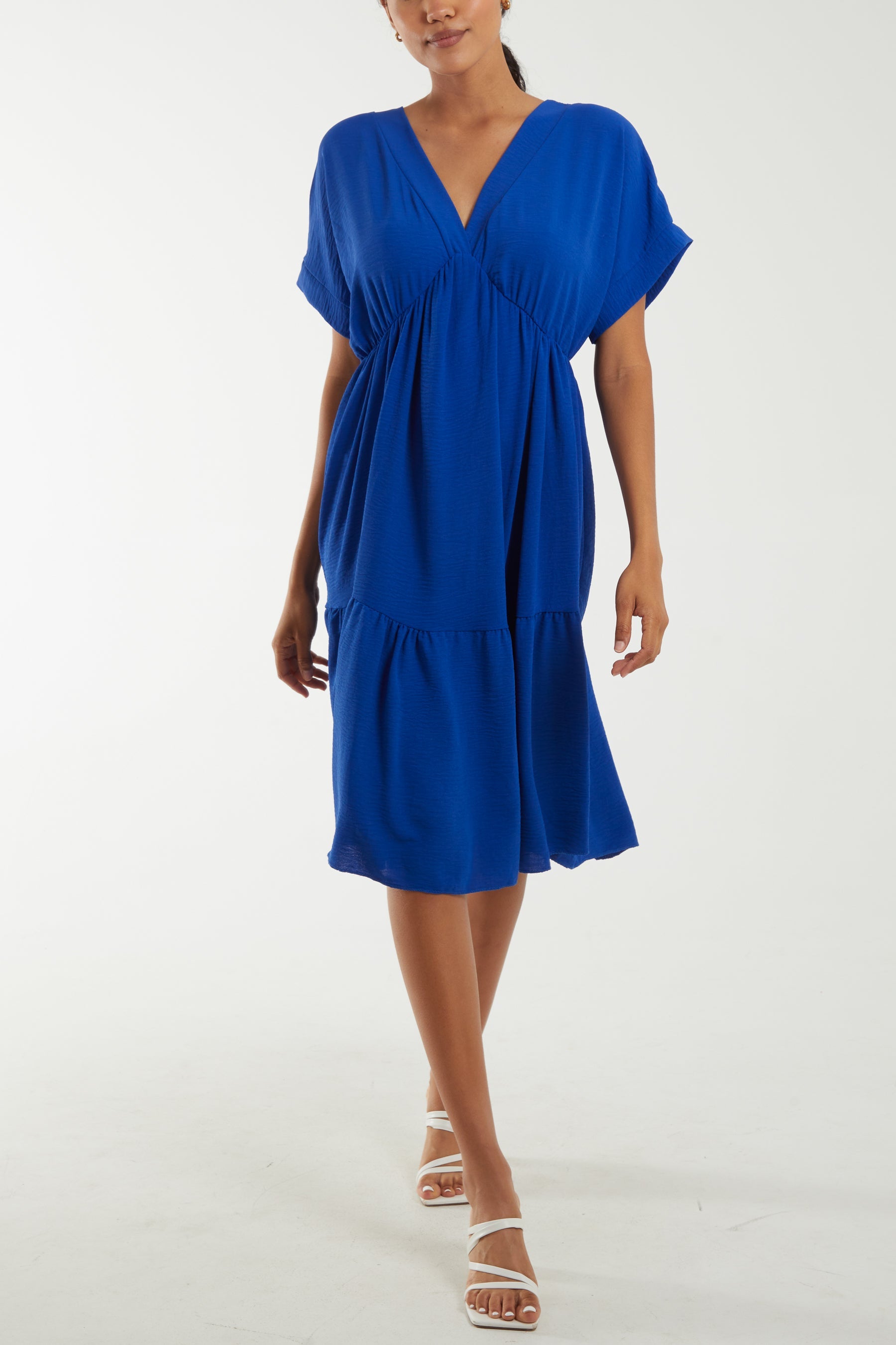 V-Neck Short Sleeve Tiered Midi Dress Dresses WearAll Royal Blue One Size