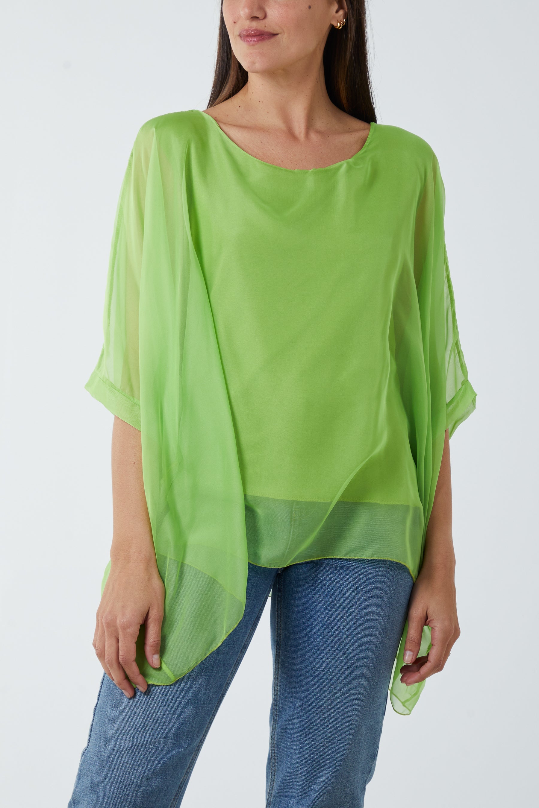 Lightweight Round Neck Sheer Blouse TOPMF2 WearAll Lime Green One Size