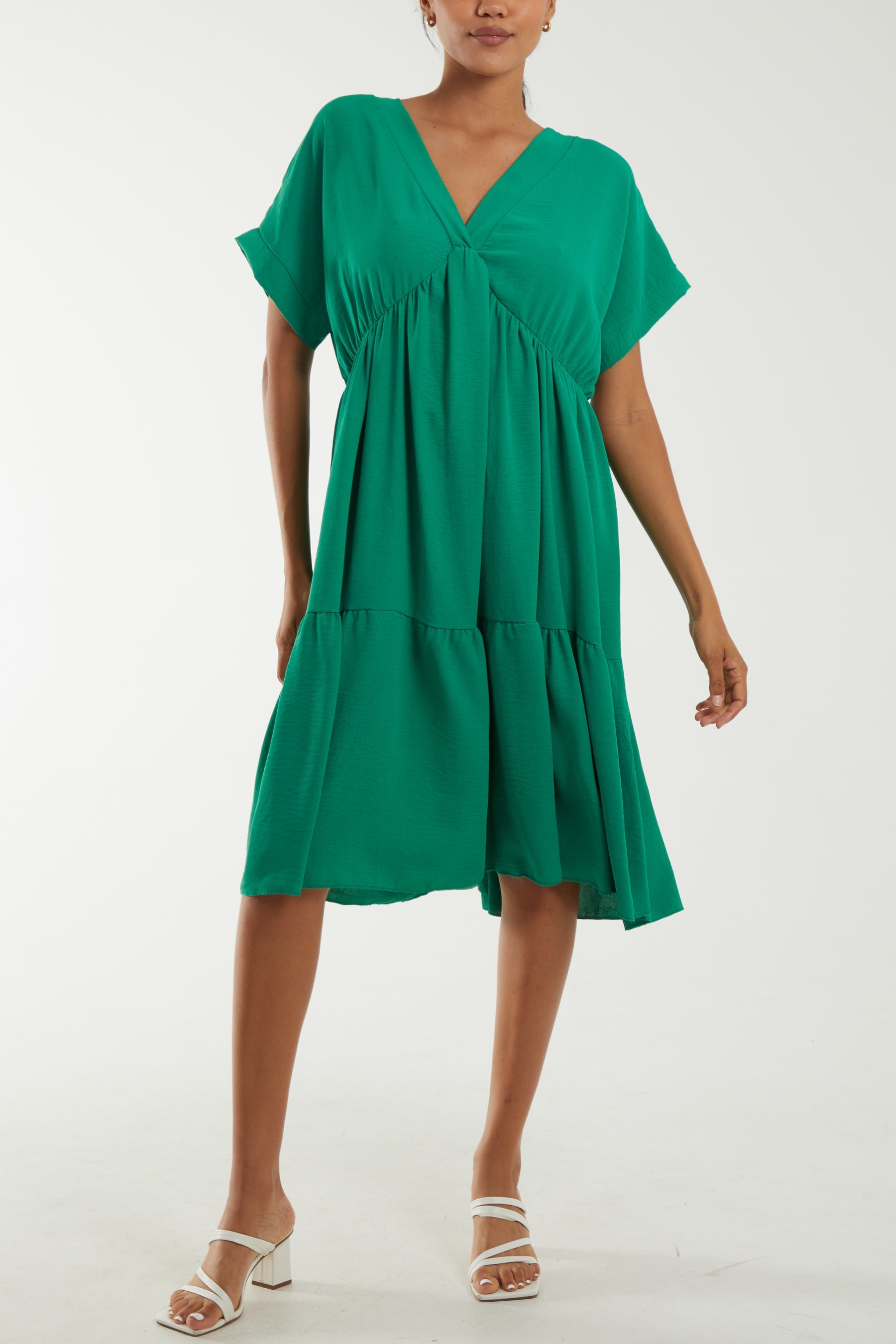 V-Neck Short Sleeve Tiered Midi Dress Dresses WearAll Jade One Size