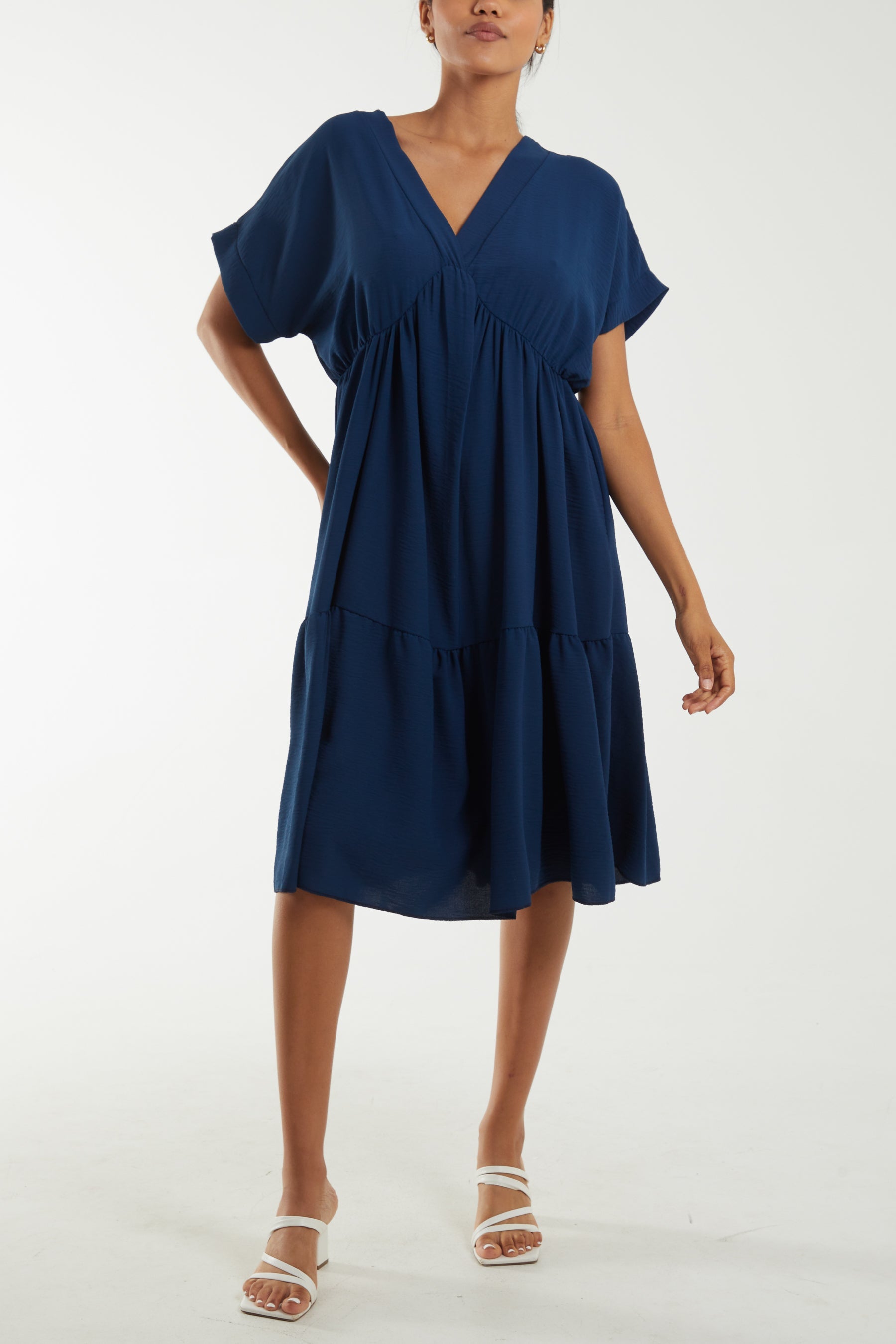 V-Neck Short Sleeve Tiered Midi Dress Dresses WearAll Navy One Size