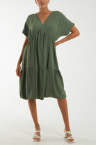 V-Neck Short Sleeve Tiered Midi Dress Dresses WearAll Khaki One Size