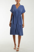 V-Neck Short Sleeve Tiered Midi Dress Dresses WearAll Denim One Size