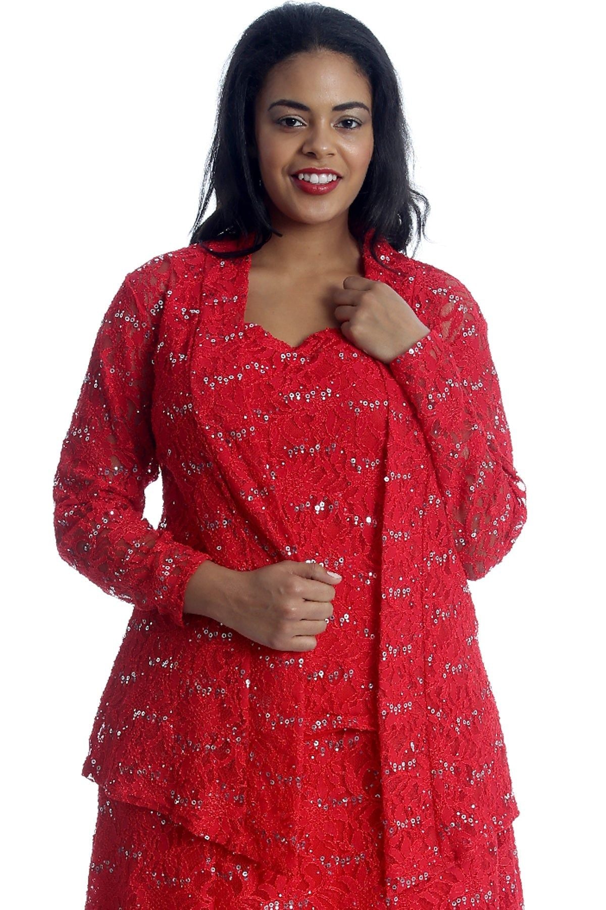 2 in 1 Sequin Floral Lace Cami & Cardigan cardigan WearAll Red 14