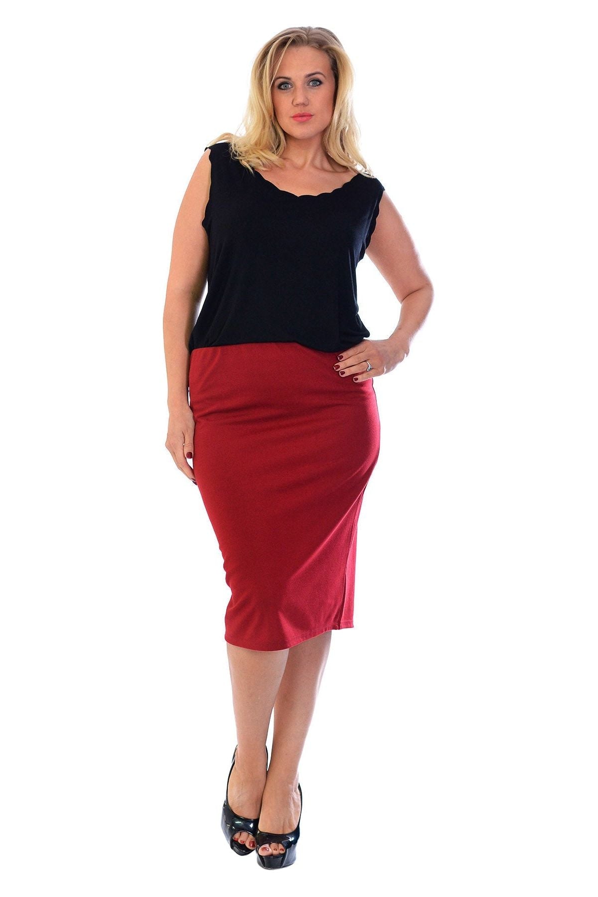 Plus Size Plain Ponte Pencil Skirt Skirt WearAll