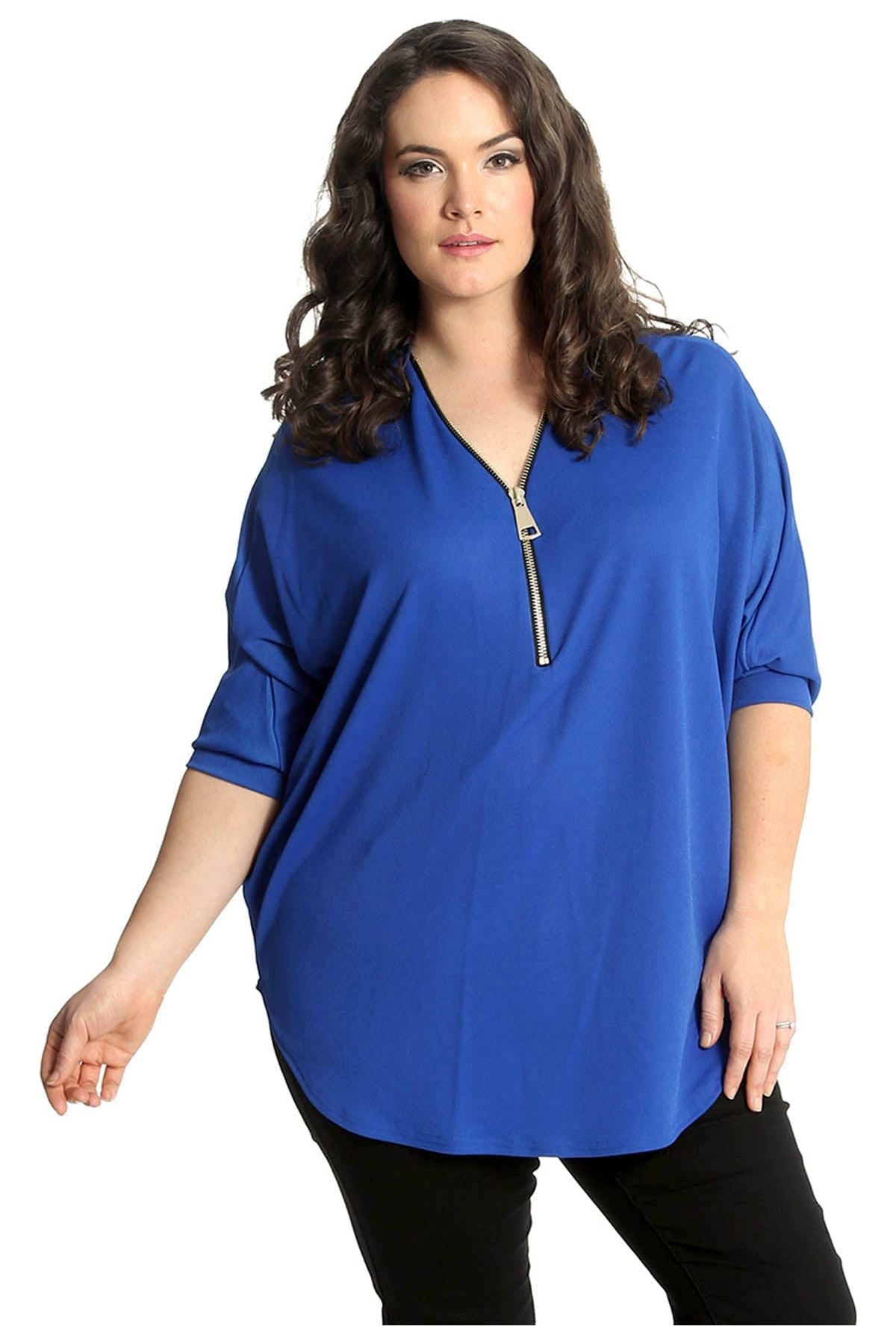 Plus Size Zip Curved Hem V-Neck Batwing Sleeve Top Tops WearAll