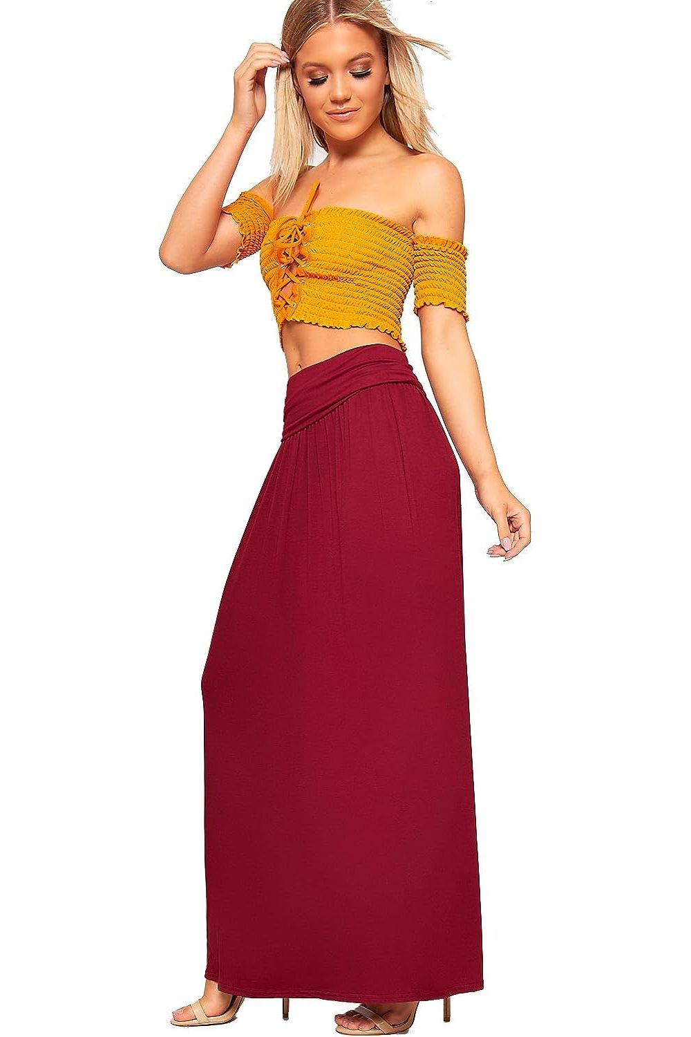 Pleated Fold Over High Waist Gypsy Long Maxi Skirt Skirt WearAll