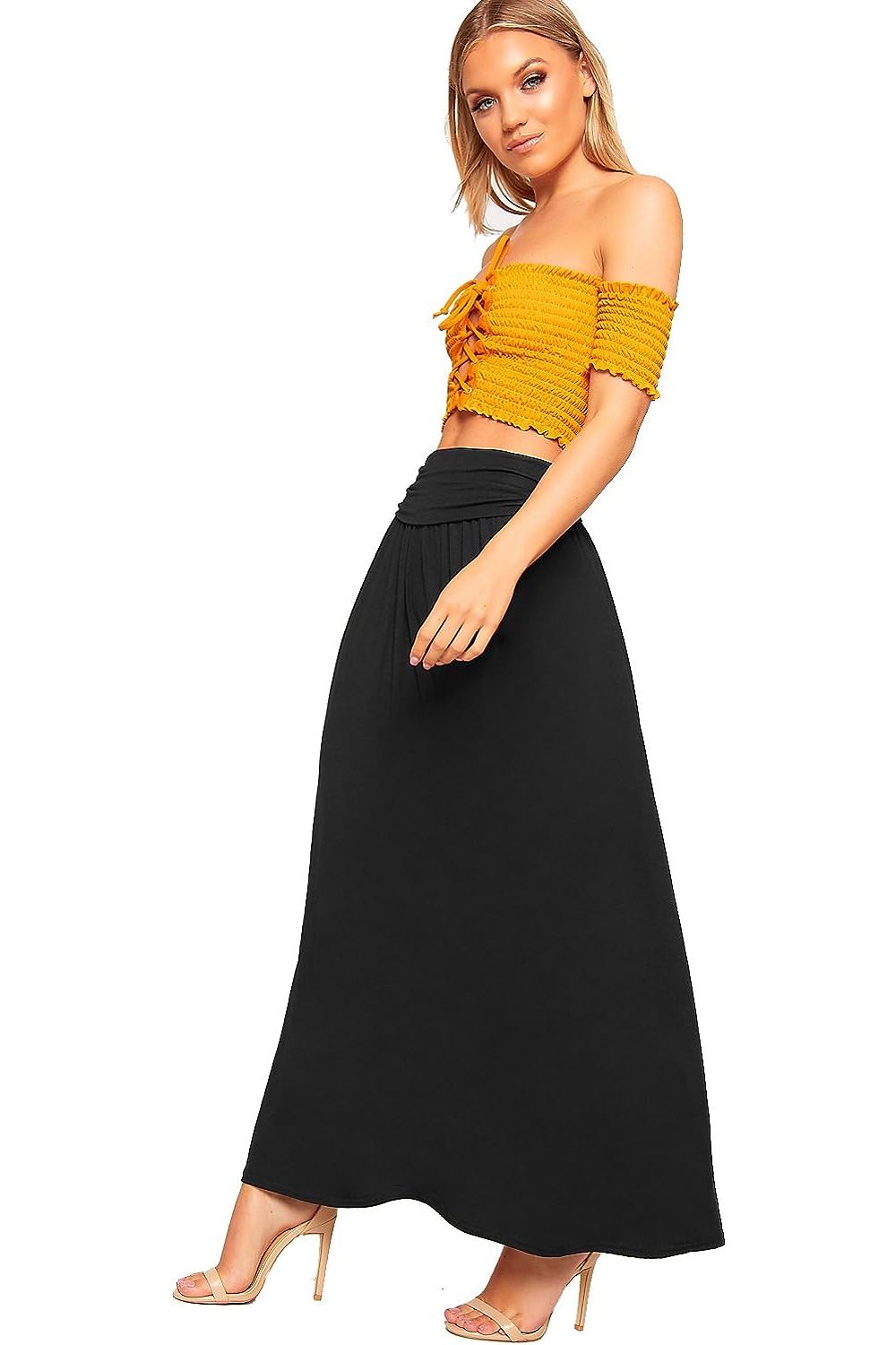 Pleated Fold Over High Waist Gypsy Long Maxi Skirt Skirt WearAll