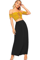 Pleated Fold Over High Waist Gypsy Long Maxi Skirt Skirt WearAll Black 12-14