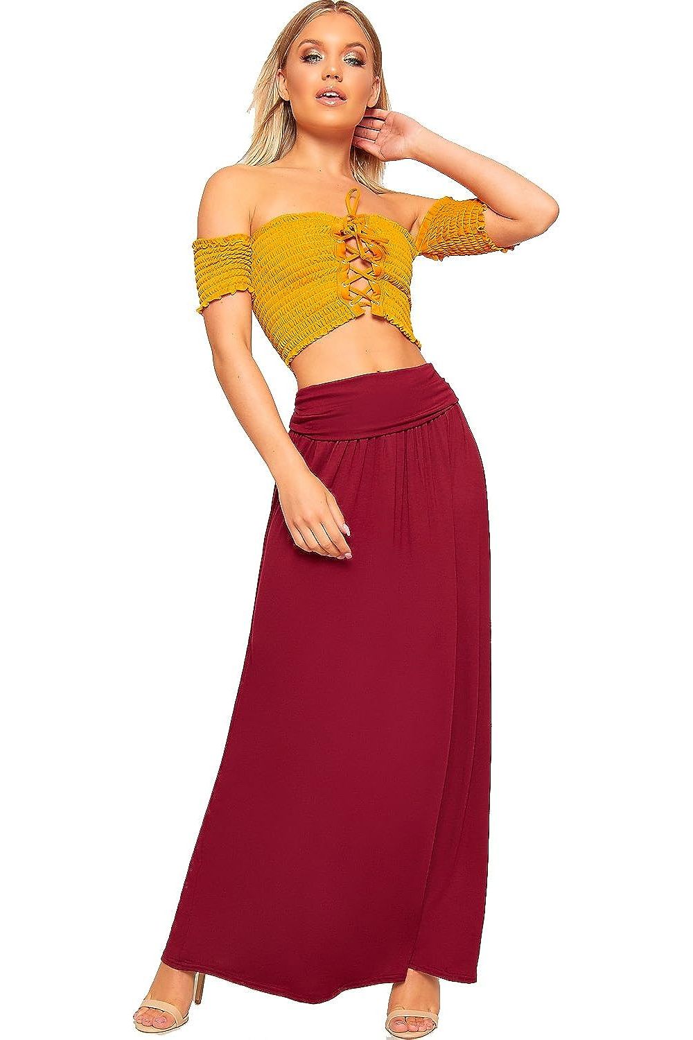 Pleated Fold Over High Waist Gypsy Long Maxi Skirt Skirt WearAll Wine 12-14