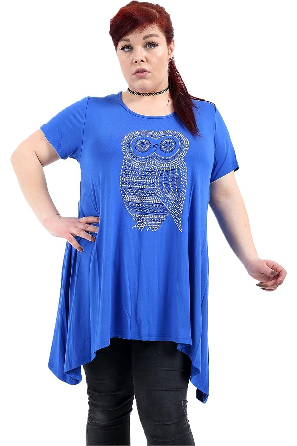 Owl Diamante Stud Hanky Hem Short Sleeve Top