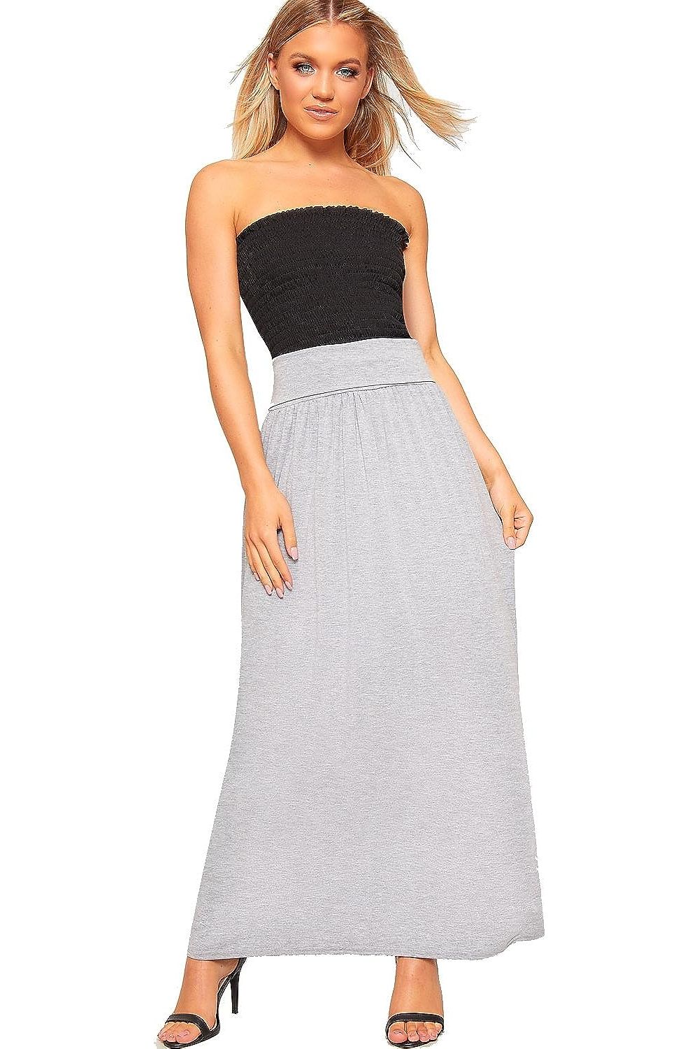 Pleated Fold Over High Waist Gypsy Long Maxi Skirt Skirt WearAll Light Grey 12-14