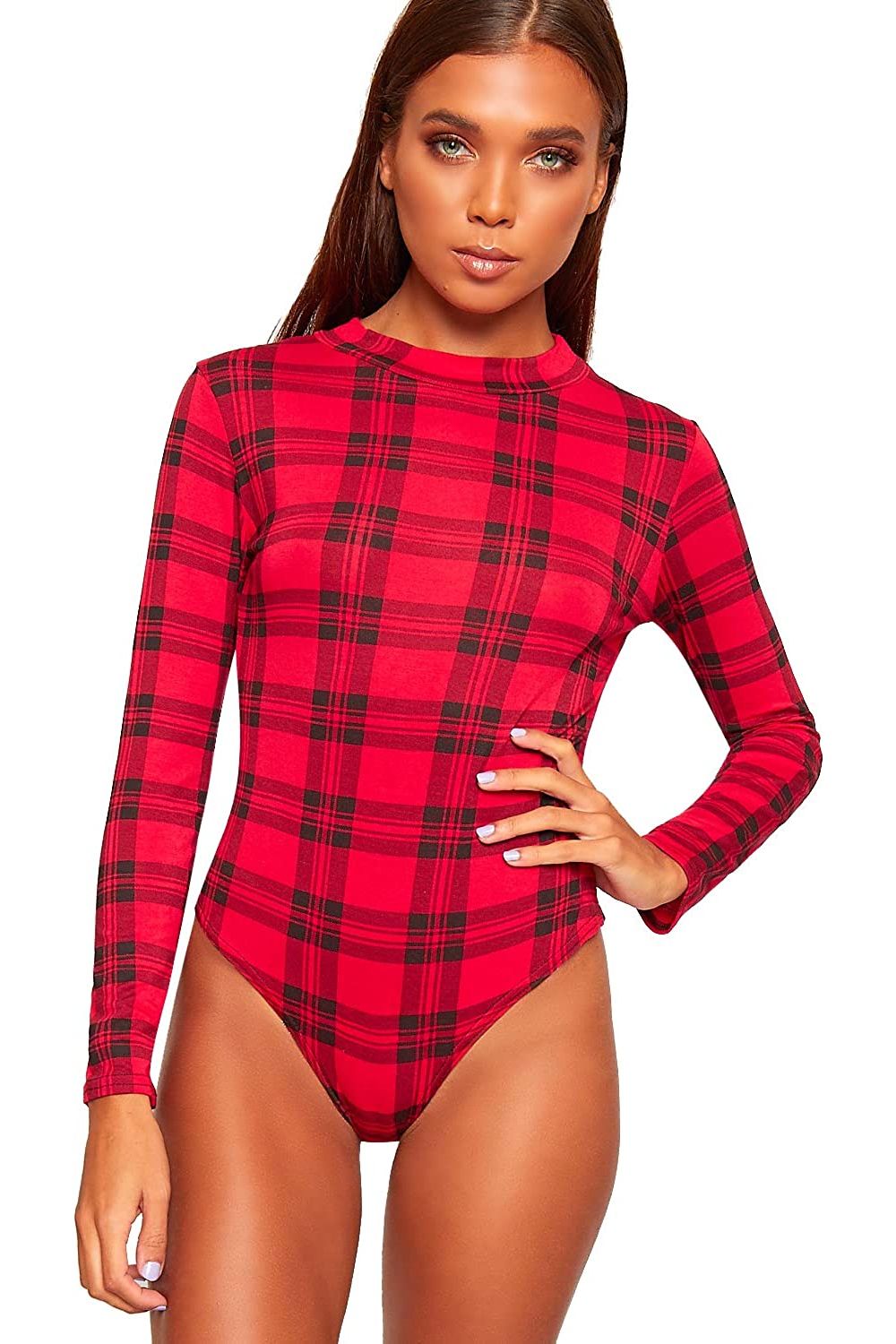 Long Sleeve Bodysuit Turtle Neck Red Tartan