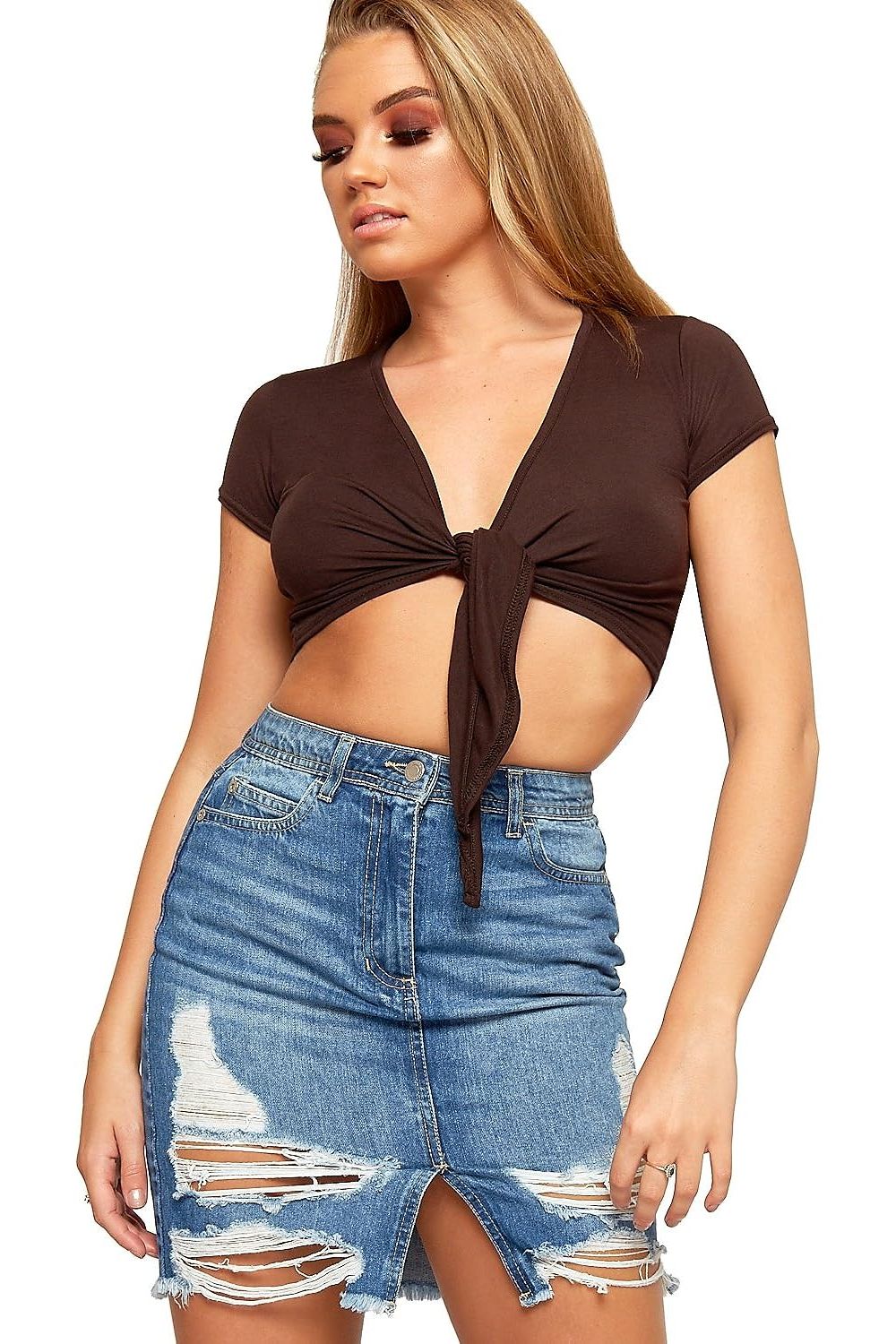 Short Sleeve Tie Up Crop Shrug Tops WearAll Brown 8-10