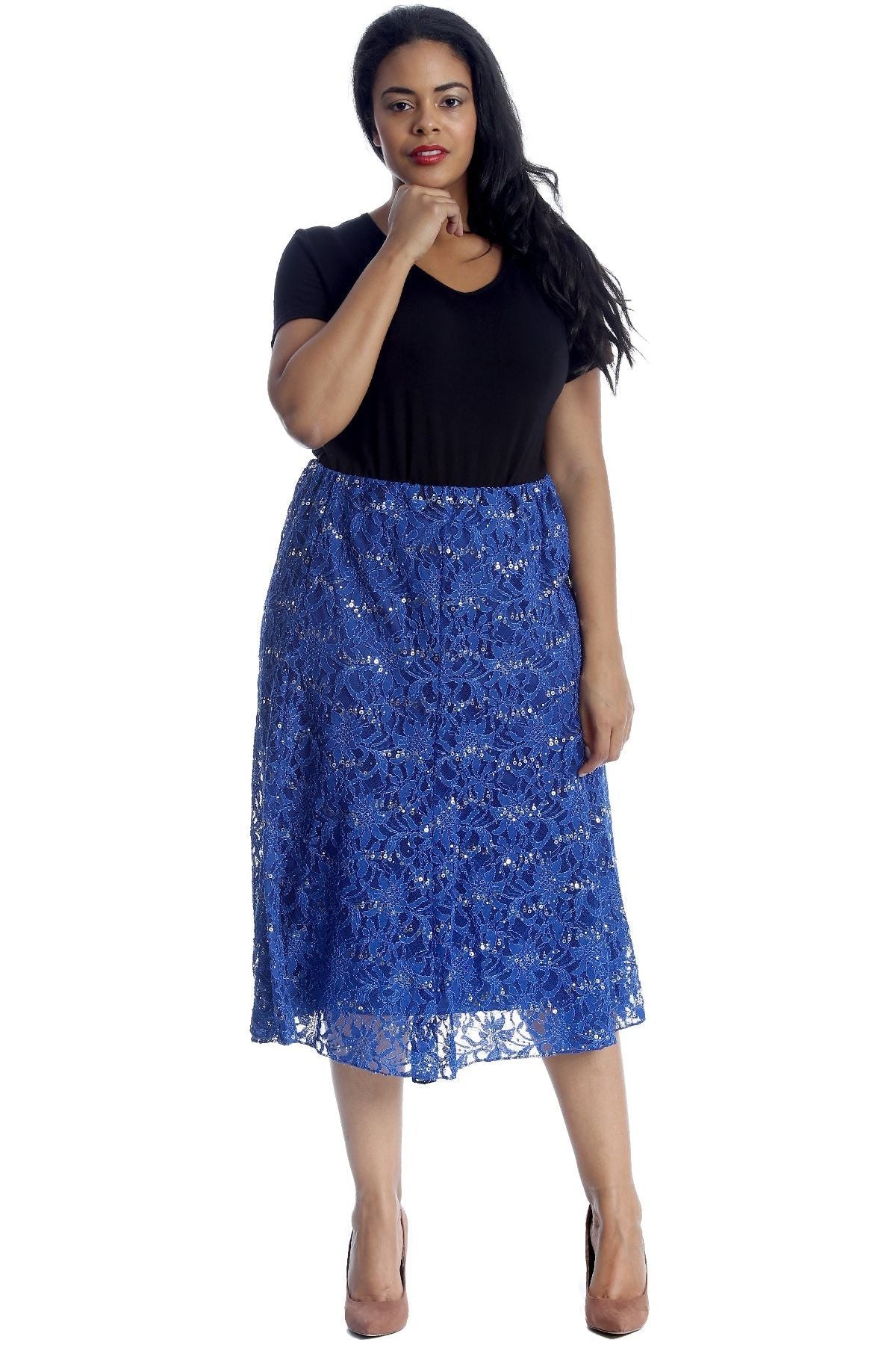 Floral Lace Lined Sequin Flared Midi Skirt